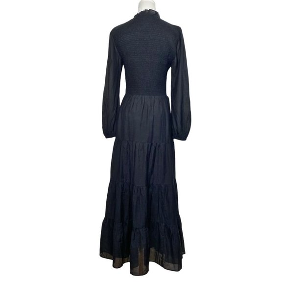 J CREW BLACK SMOCKED V-NECK LONG SLEEVES TIERED MAXI DRESS - 2 - Picture 4 of 11
